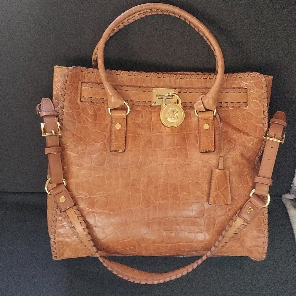RARE Michael by Michael Kors brown crock embossed leather Hamilton satchel - Picture 1 of 15